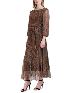 Donna Ricco Women's Sequined Plisse Fit & Flare Dress Brown Size 16