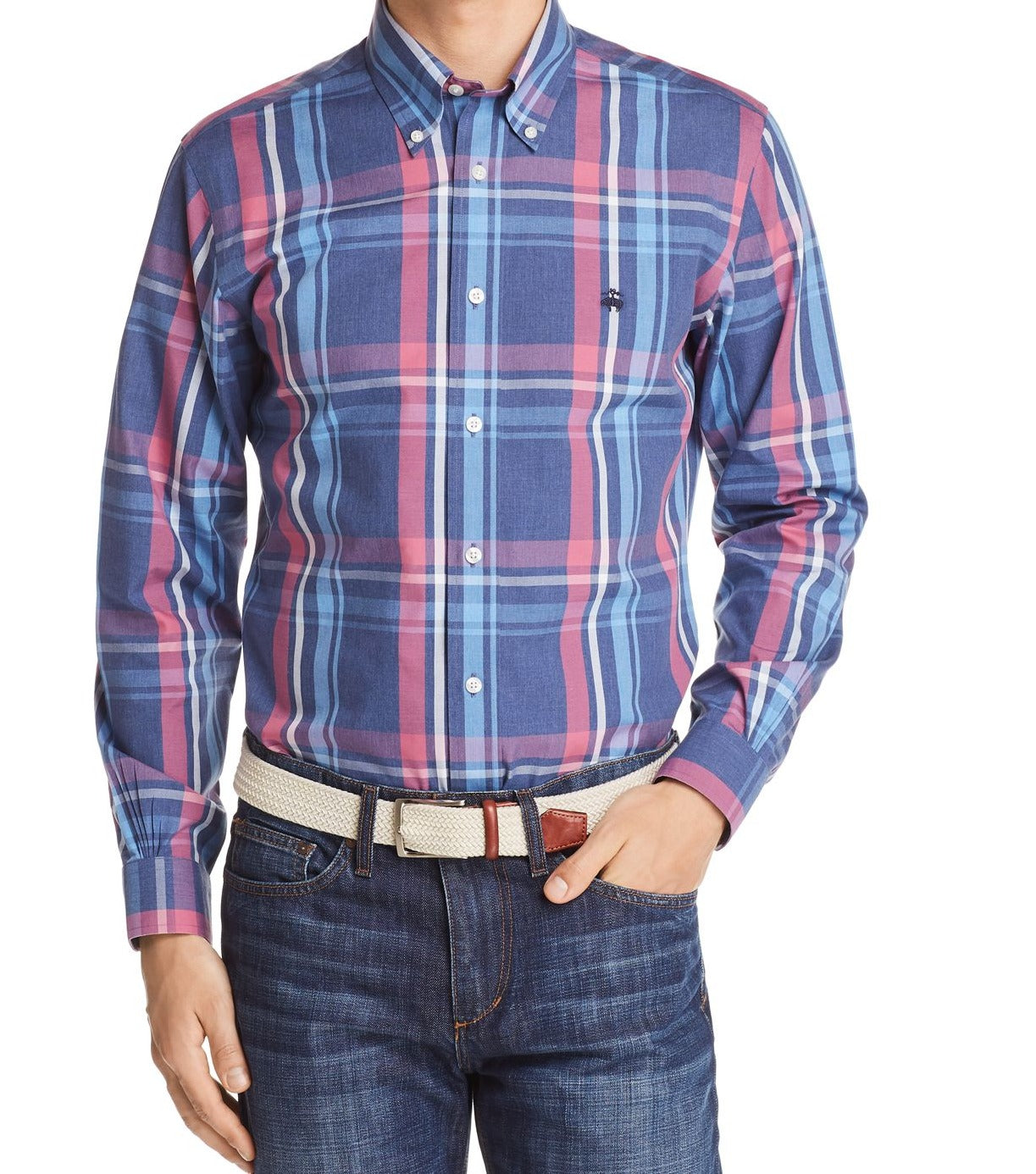 Brooks Brothers Men's Regent Non Iron Plaid Slim Fit Button Down Shirt Blue Size Large