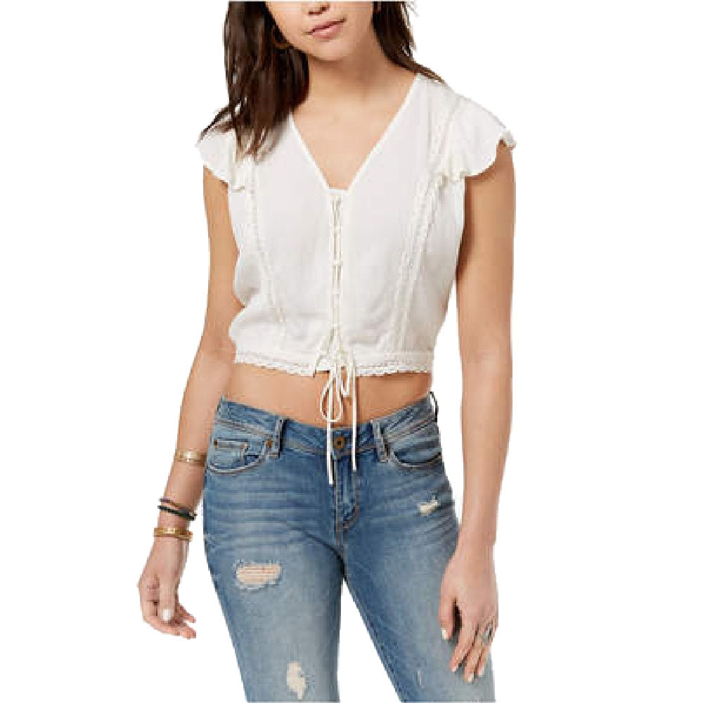 American Rag Junior's Cropped Lace Up Top White Size X-Large