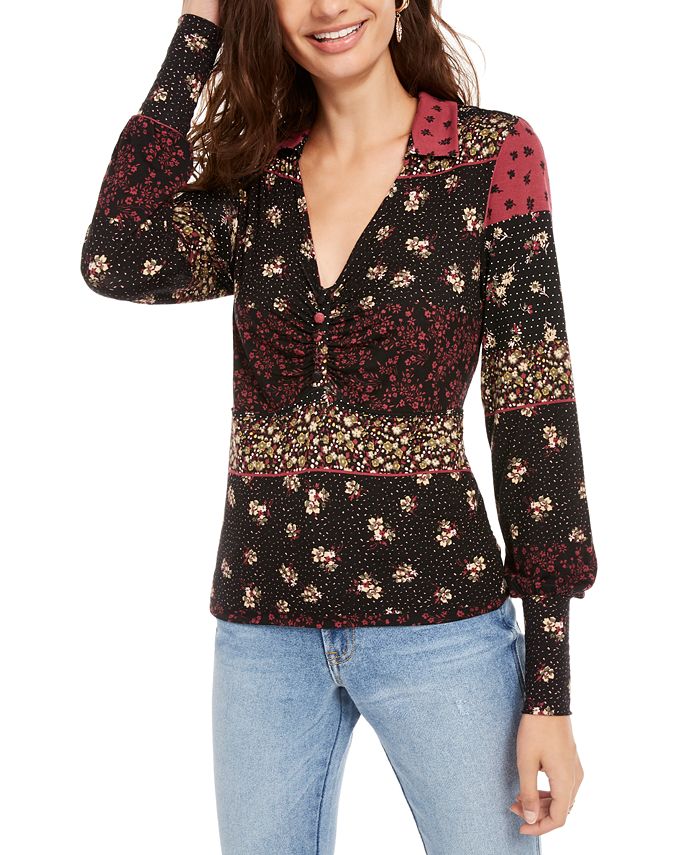 American Rag Junior's Printed Ruched Blouson Sleeve Top Black Size Large