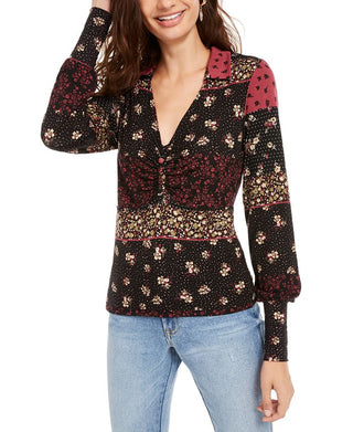 American Rag Junior's Printed Ruched Blouson Sleeve Top Black Size Large