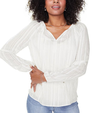 NYDJ Women's Hayward Stripe Regular Peasant Blouse -White  Size Medium