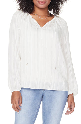 NYDJ Women's Hayward Stripe Regular Peasant Blouse -White  Size Medium