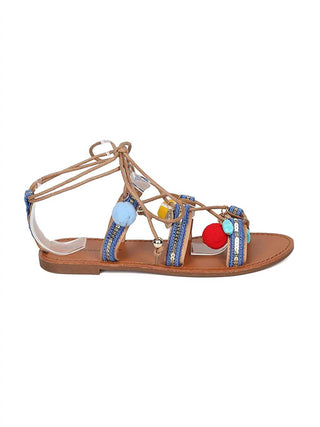 Breckelles - Women's Kylee Pom Pom Open Toe Tie Up Gladiator Sandals