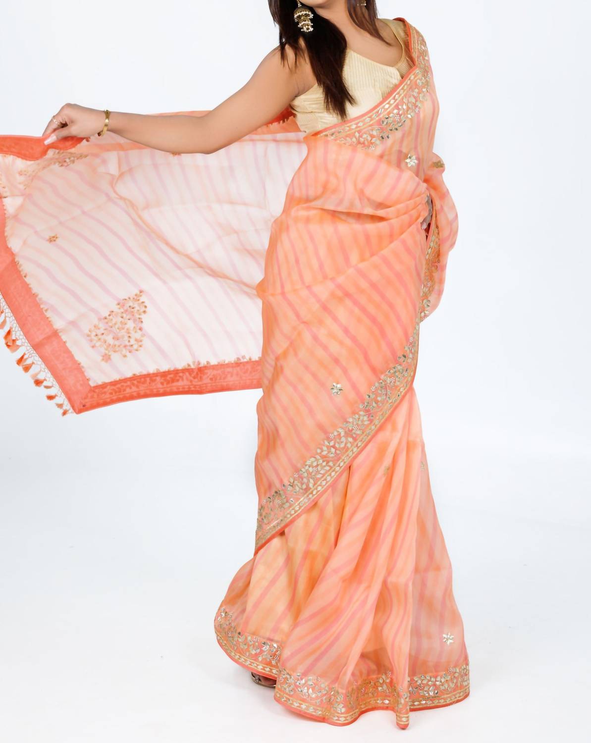 Zaalima Fashion - Peach Striped Organza Saree With Golden Embroidery