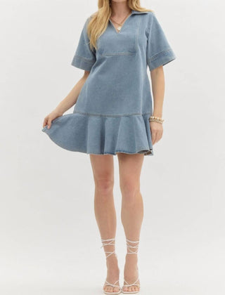 Entro - Denim V-neck Ruffled Mini Dress