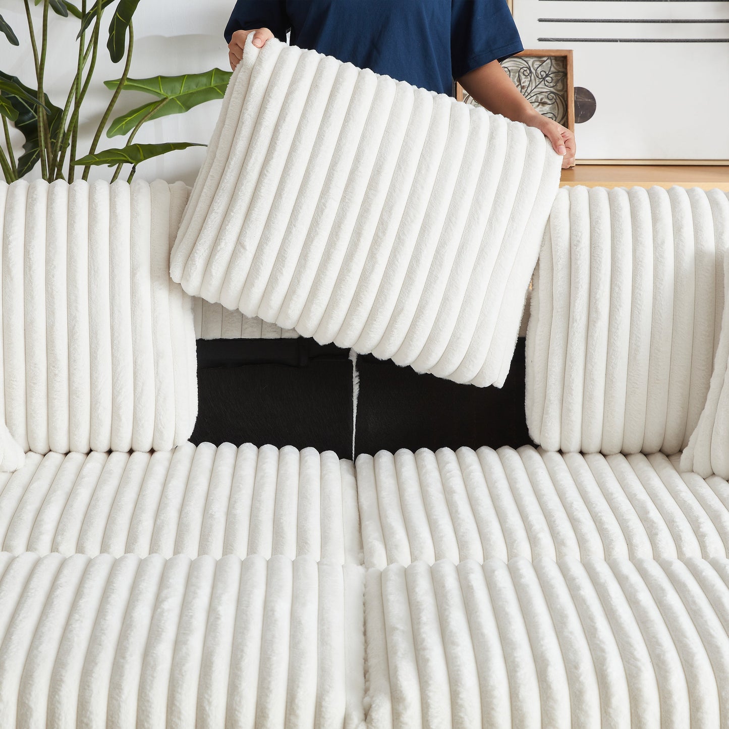 84-Inch Corduroy 3-Seater Sofa with Pillows and Ottomans