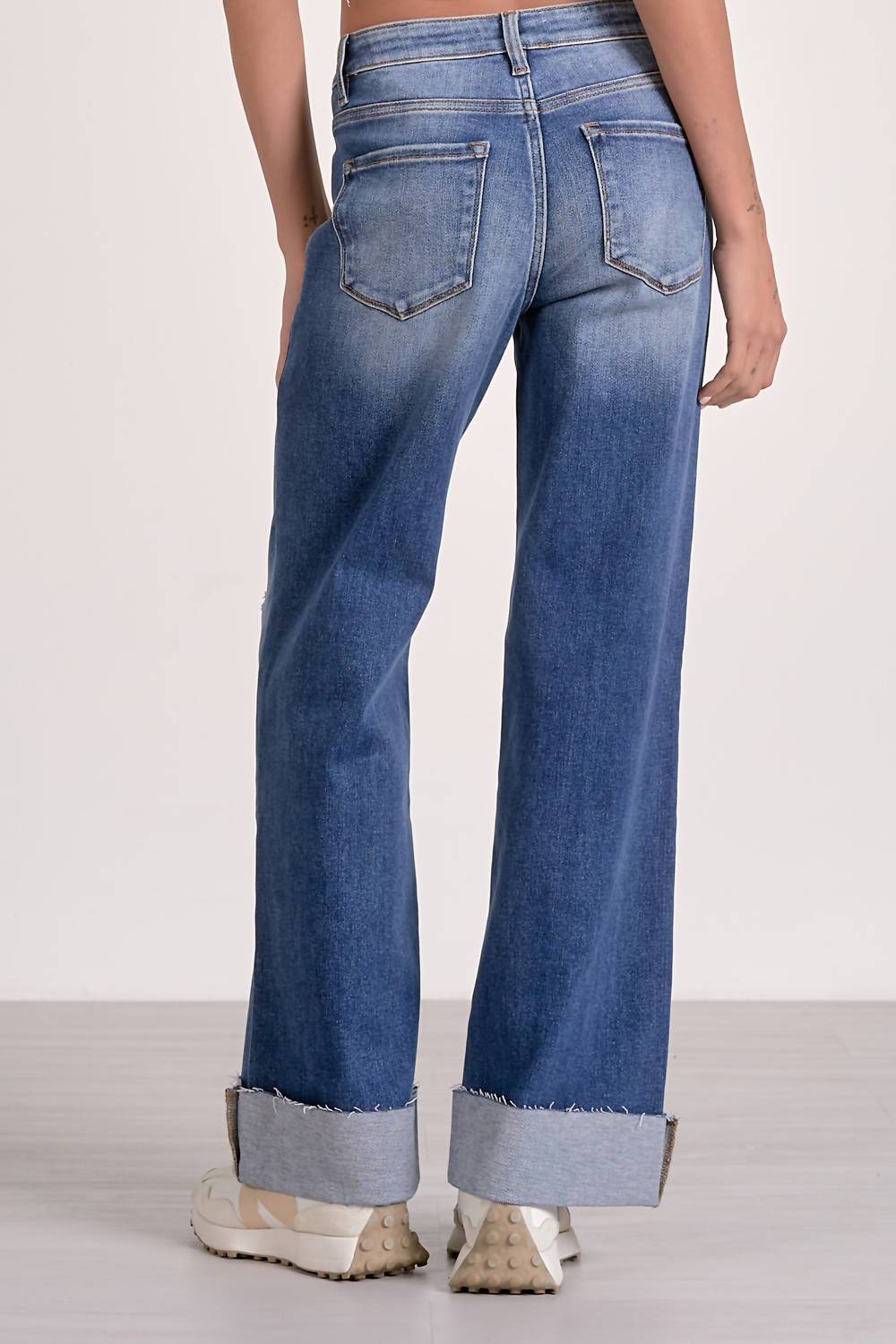 Elan - Cuffed Bottom Denim Wash Wide Leg Jeans