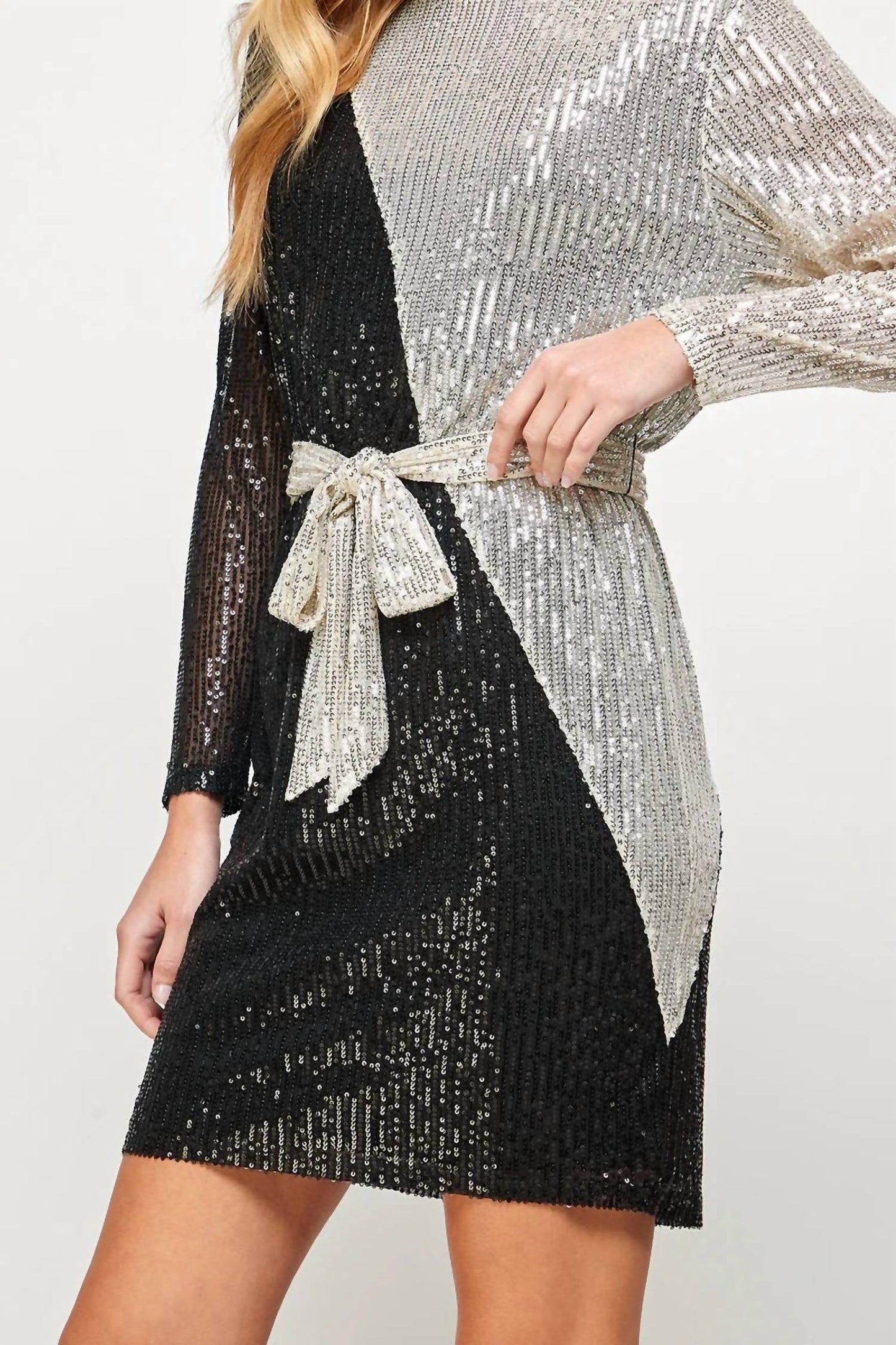 See And Be Seen - Sequin Color Blocked Long Sleeve Dress With Sash