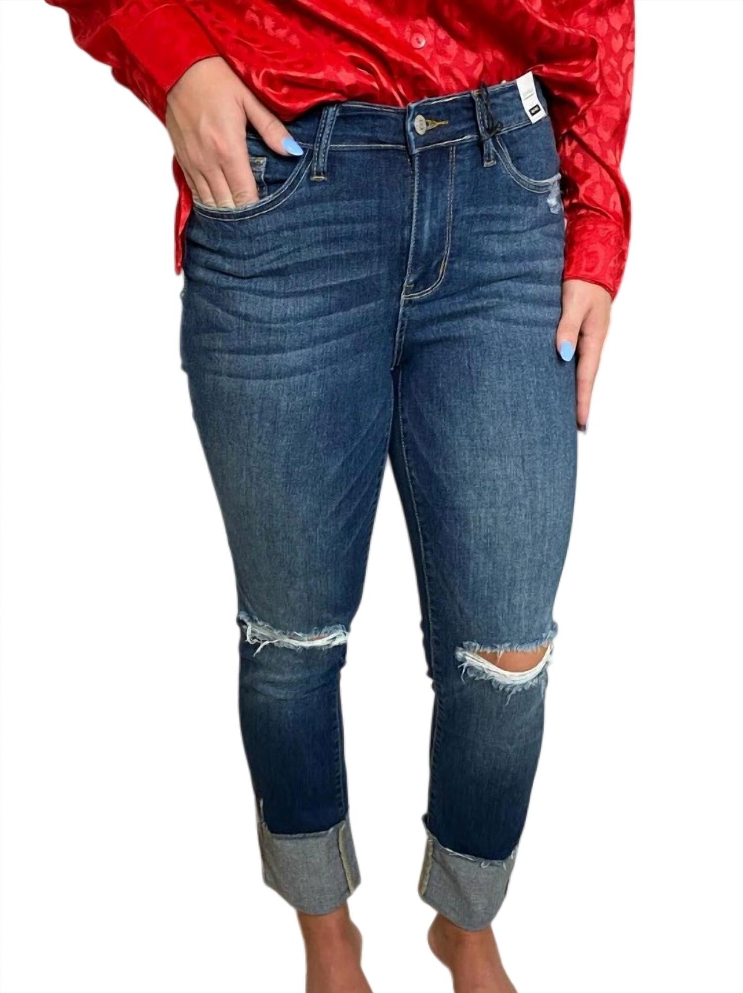 Judy Blue - Mid Rise 4" Cuff Destroyed Knee Jeans