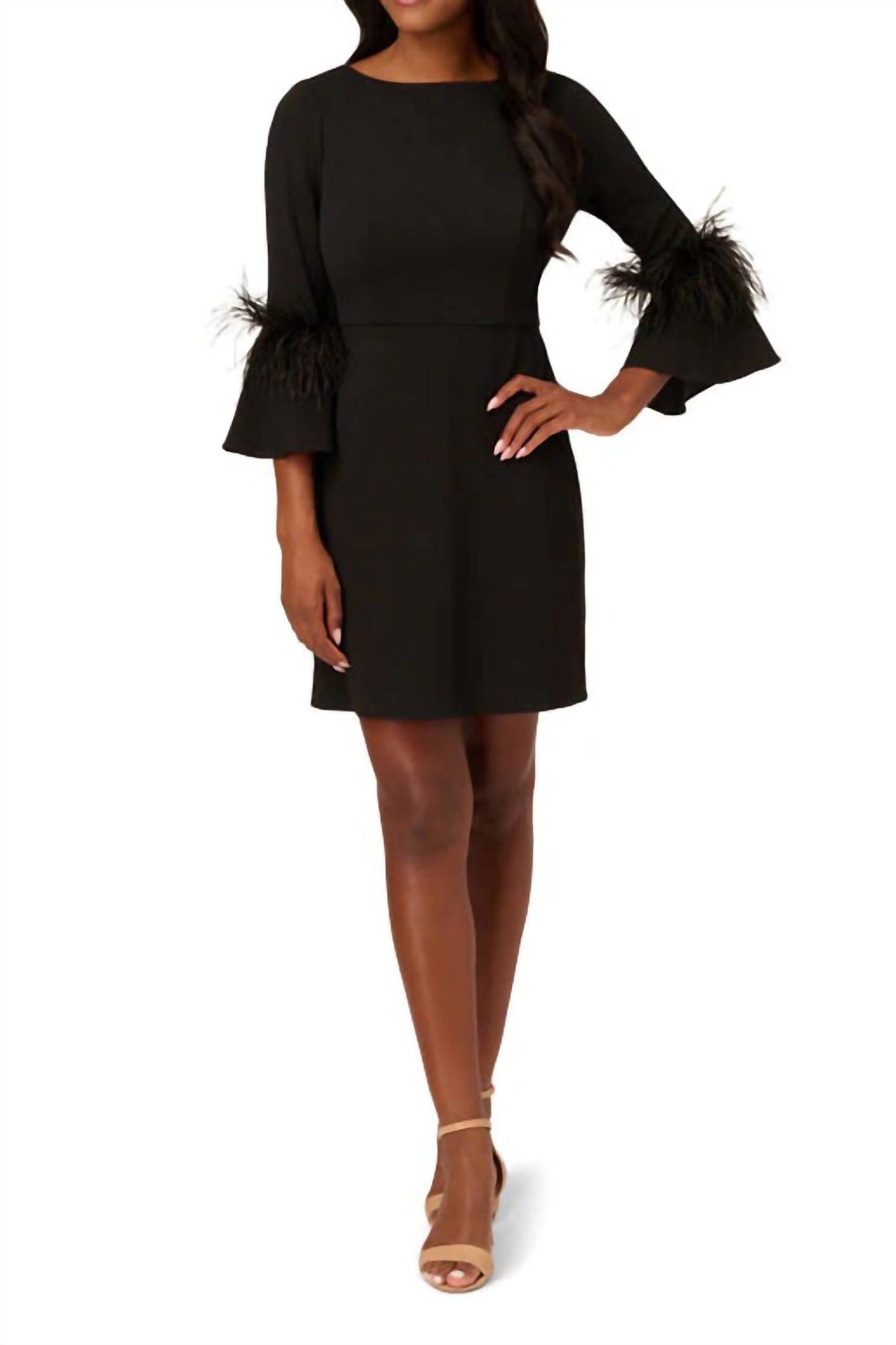 Adrianna Papell - Bateau Neck Feather Trim Sheath Crepe Dress