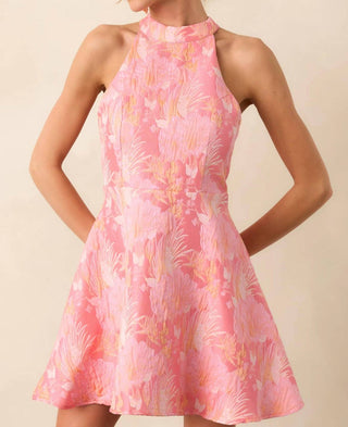 B.Right - Vibrant Floral Jacquard Halter Neck Dress With Ribbon Back
