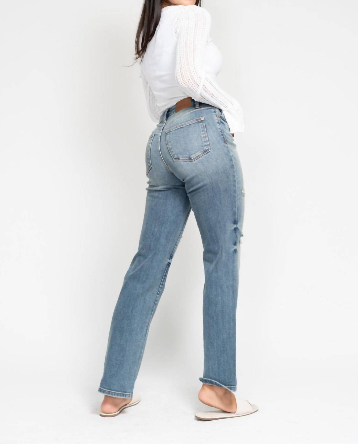 Judy Blue - High Waist Dad Straight With Harsh Tint & Destroyed