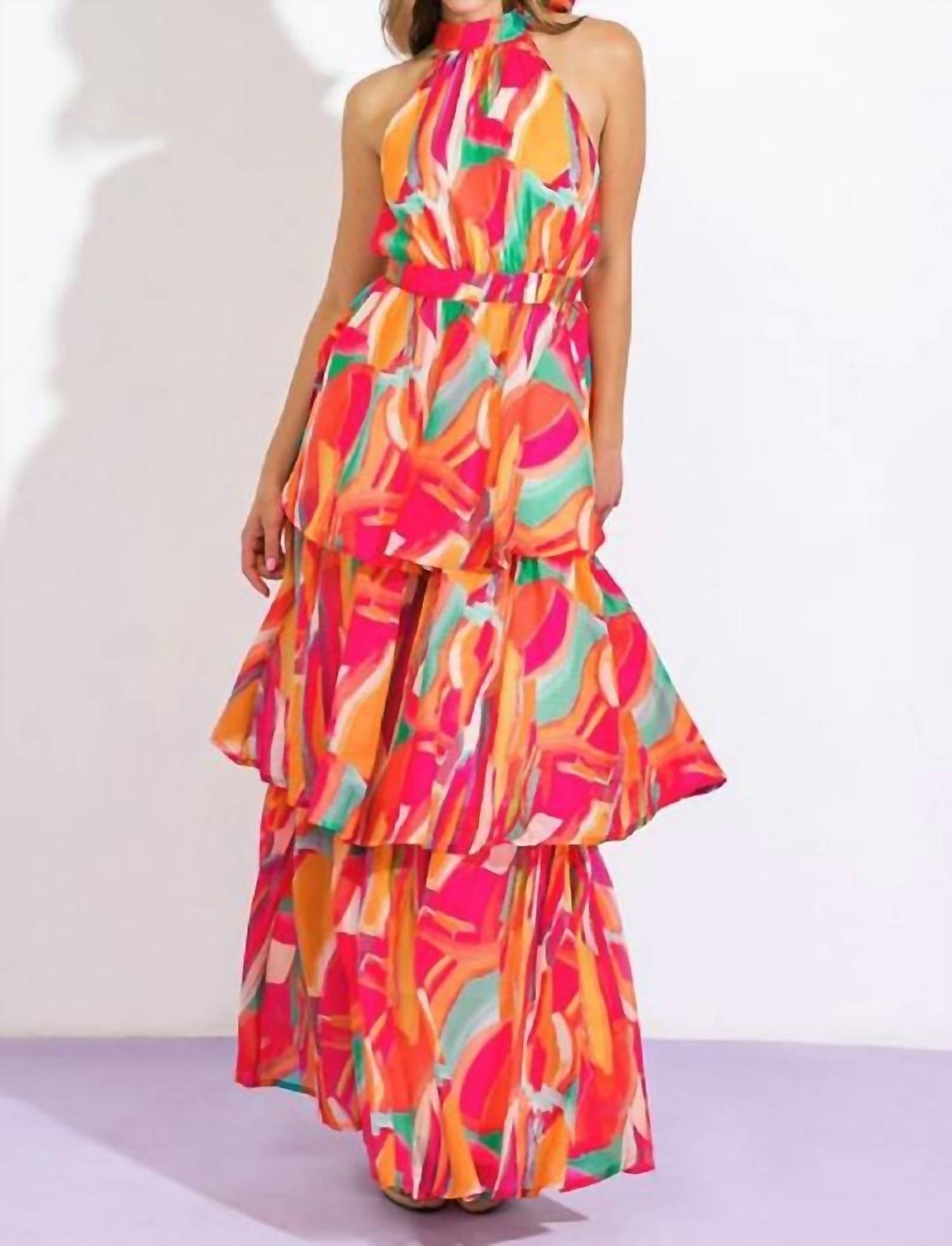 Flying Tomato - Sunset Senorita Halter Abstract Tiered Maxi Dress