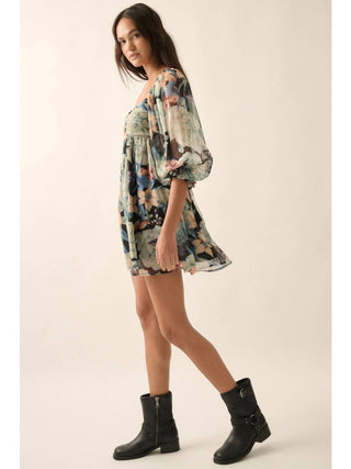 Promesa - Floral Mesh Sweetheart Neck Chiffon Babydoll Dress