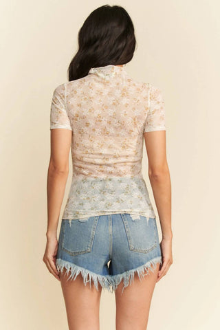 Trendsi - Davi & Dani Floral Mesh Mock Neck Short Sleeve Top