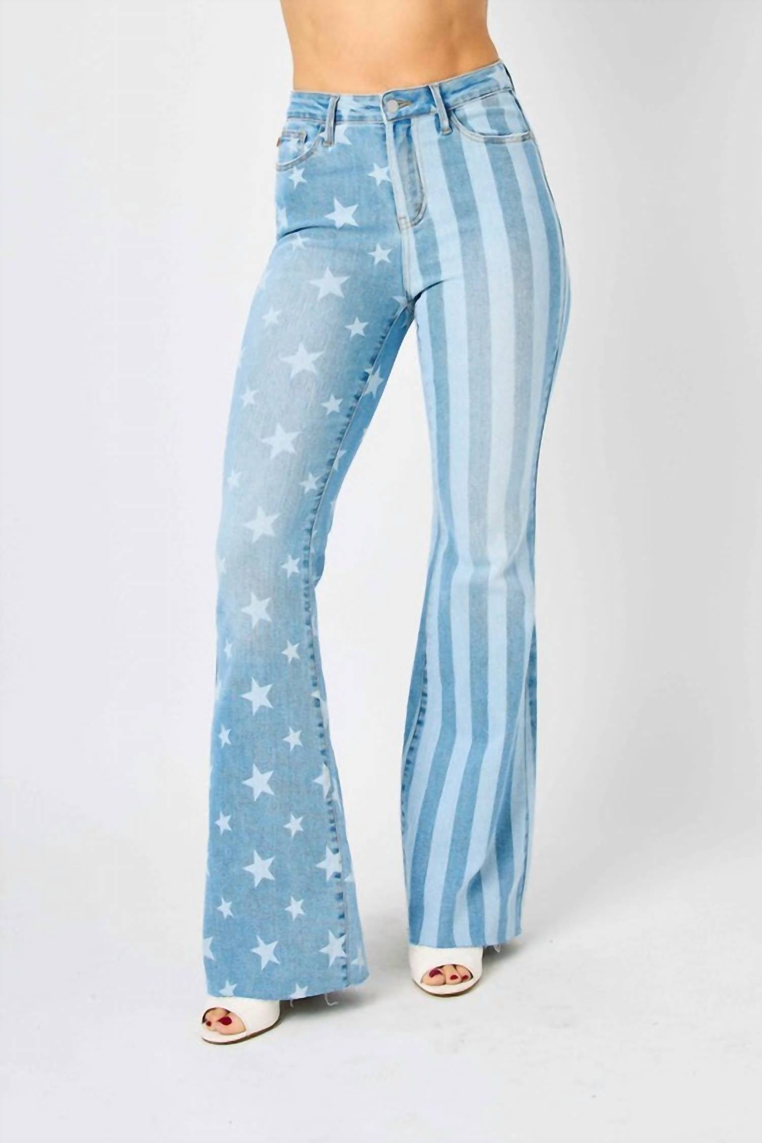 Judy Blue - High Waist Stars & Stripes Bleach Discharge Flare Jeans