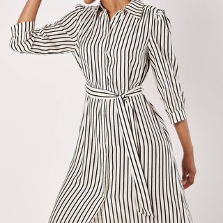 Apricot - Vertical Stripe Gathered Sleeve Midi Dress