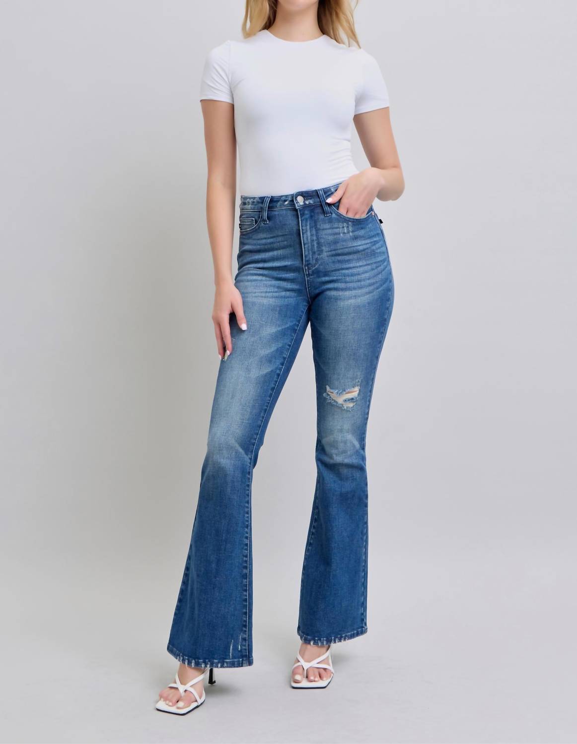 Judy Blue - High Rise Contrast Wash Destroy Flare Jeans