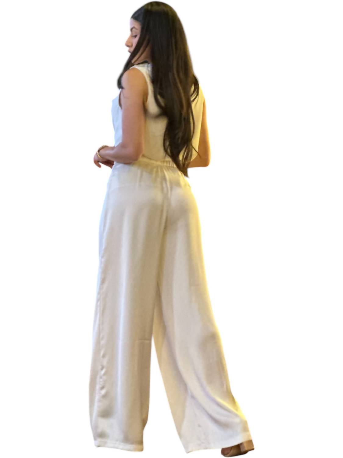 A.C.G. Los Angeles - Satin Wide Leg Pants & Cowl Neck & Flower Sleeveless Top