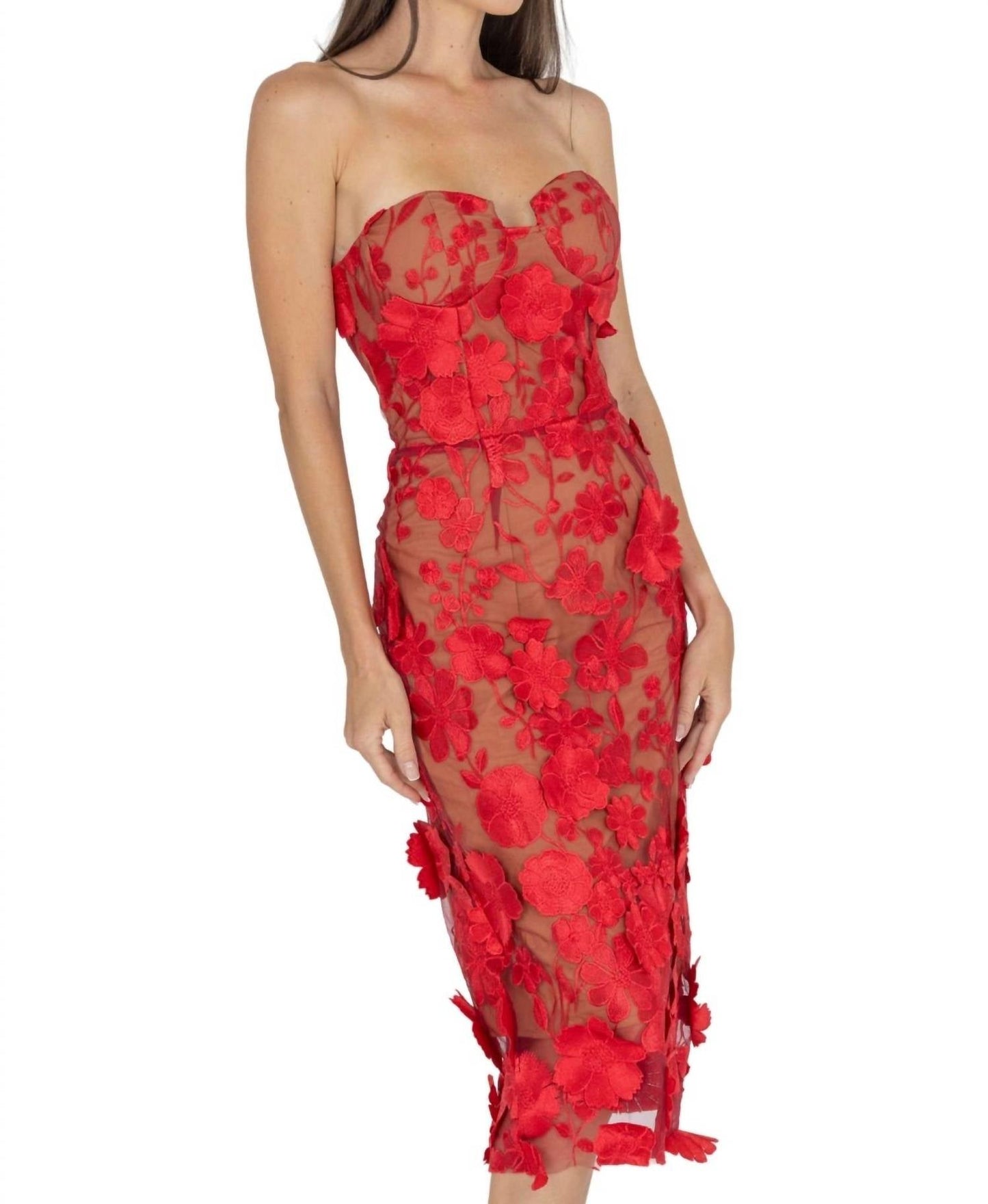 Akalia - Anni Floral Embroidered Strapless Midi Dress