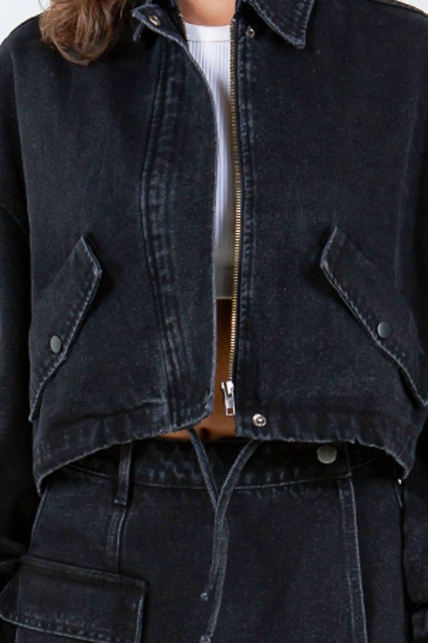 American Bazi - Cropped Denim Jacket With Drawstring Waist