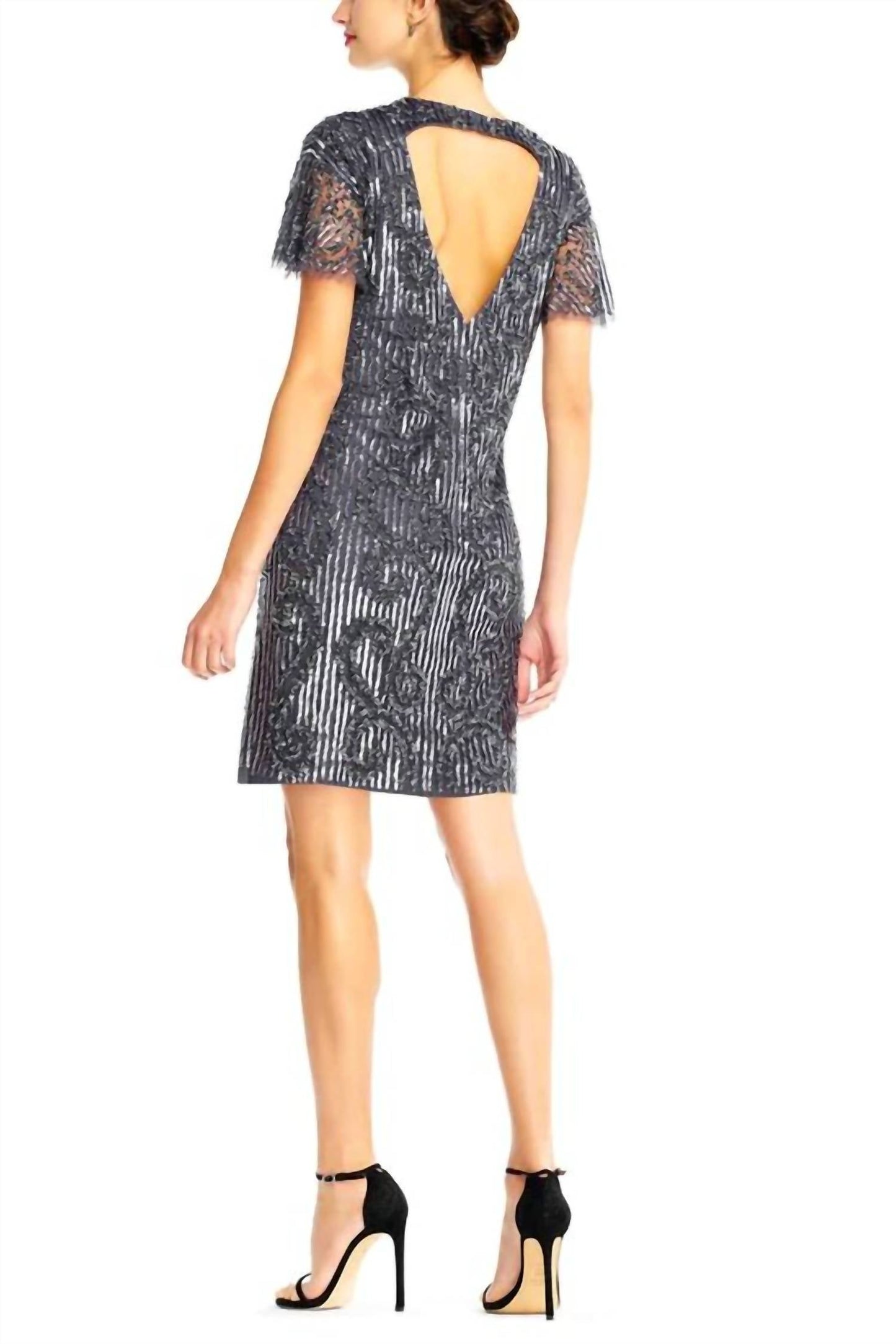 Aidan Mattox - Short Sleeve Embellished Mesh Dress