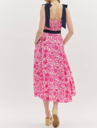 Entro - Shoulder Tie Print Midi Dress