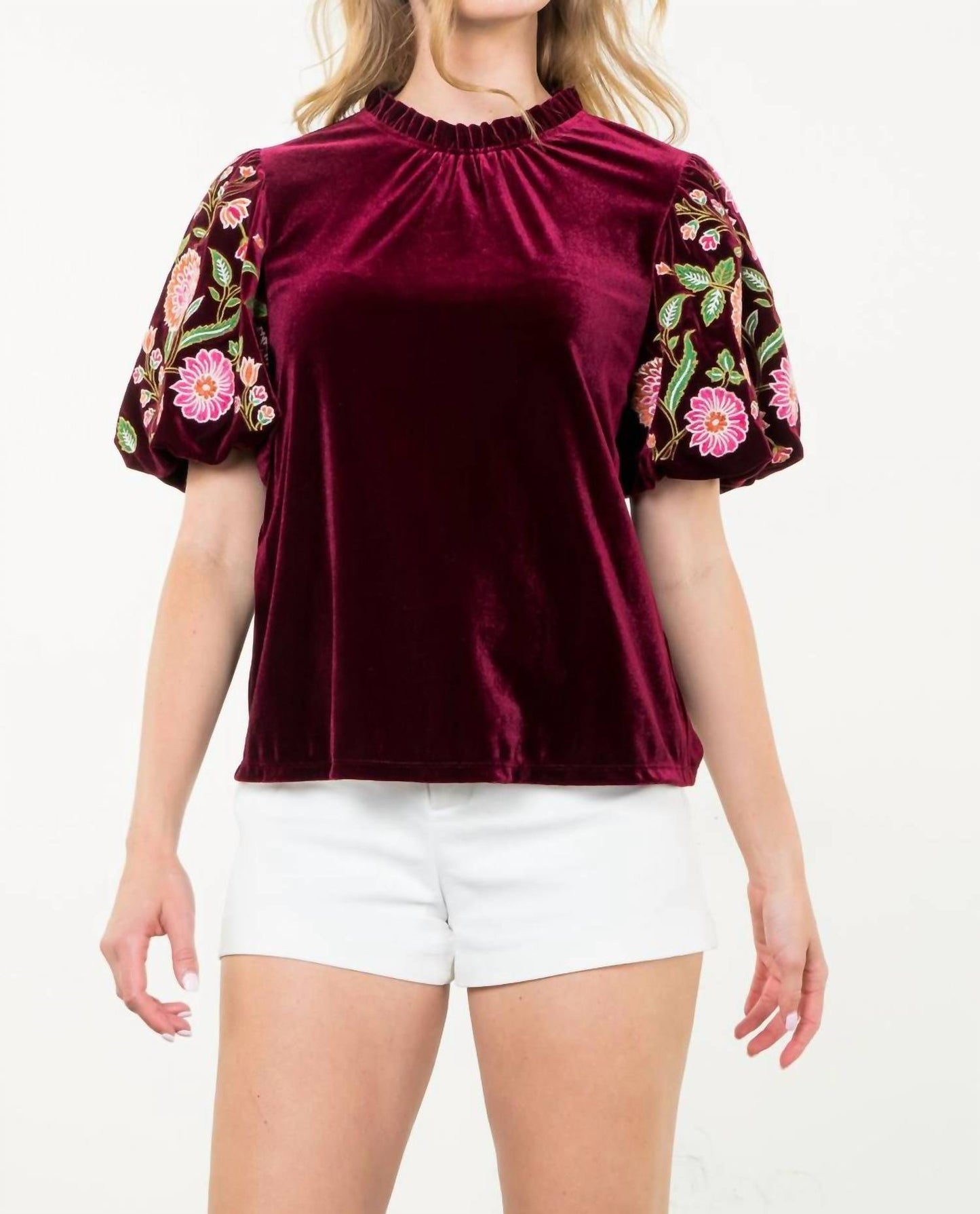 Thml - Embroidered Velvet Puff Sleeve Top