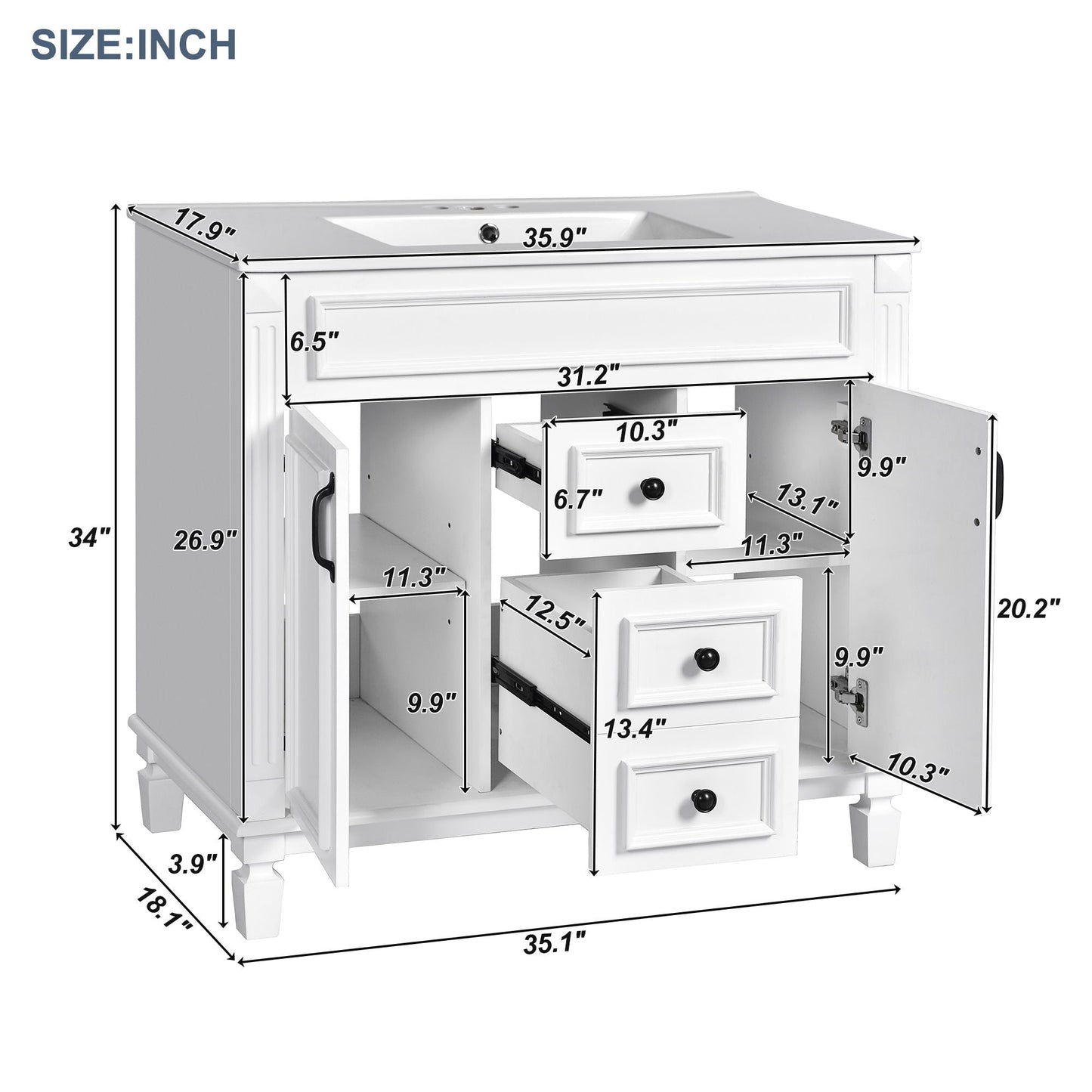 Bathroom Vanity With Top Sink, Basin On Cabinet With 2 Soft Closing Doors And 2 Drawers