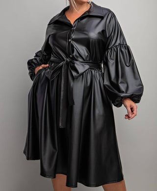 The Curve La - Plus Size Faux Leather Button Front Fit Flare Dress