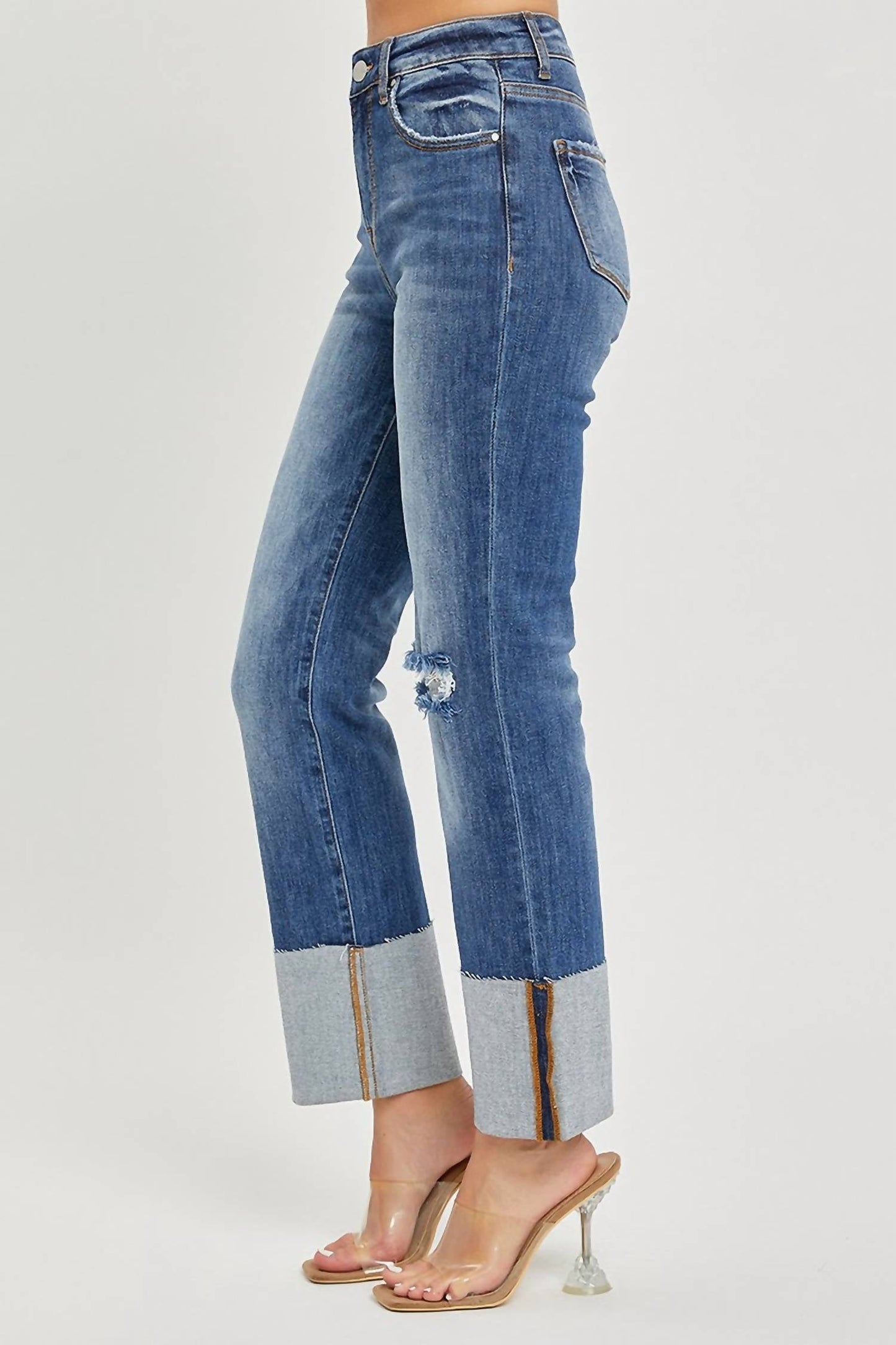 Risen - High Rise Ankle Straight Wide Cuffed Jeans