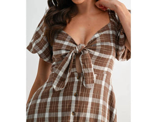Camellia - Jori Plaid Tie Front Midi Dress