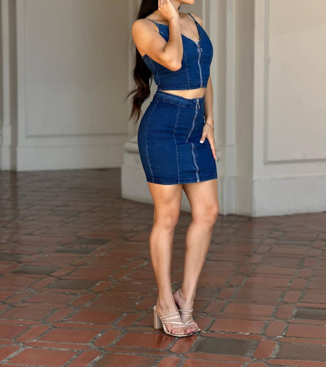 A.C.G. Los Angeles - Jean Stretch Zipper Front Set Crop Top and Skirt