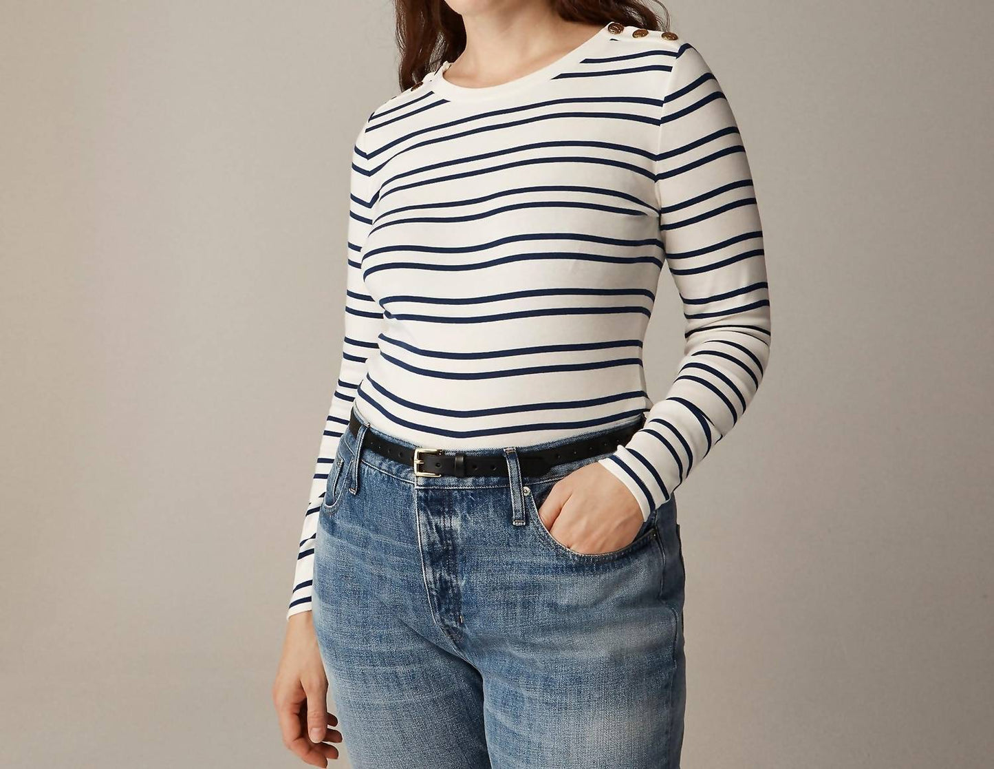 J.Crew - Perfect-fit Long-sleeve Crewneck T-shirt With Lion Buttons Stripe