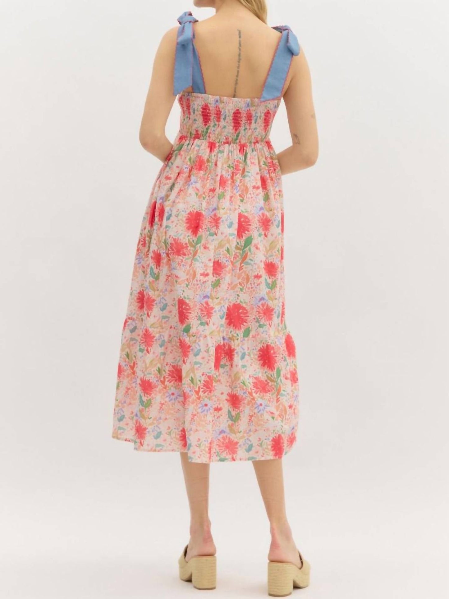 Entro - Floral Print Tie Shoulder Midi Dress