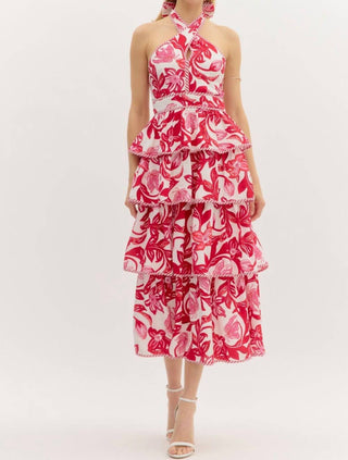 Entro - Halter Bow Tied Tiered Paisley Midi Dress