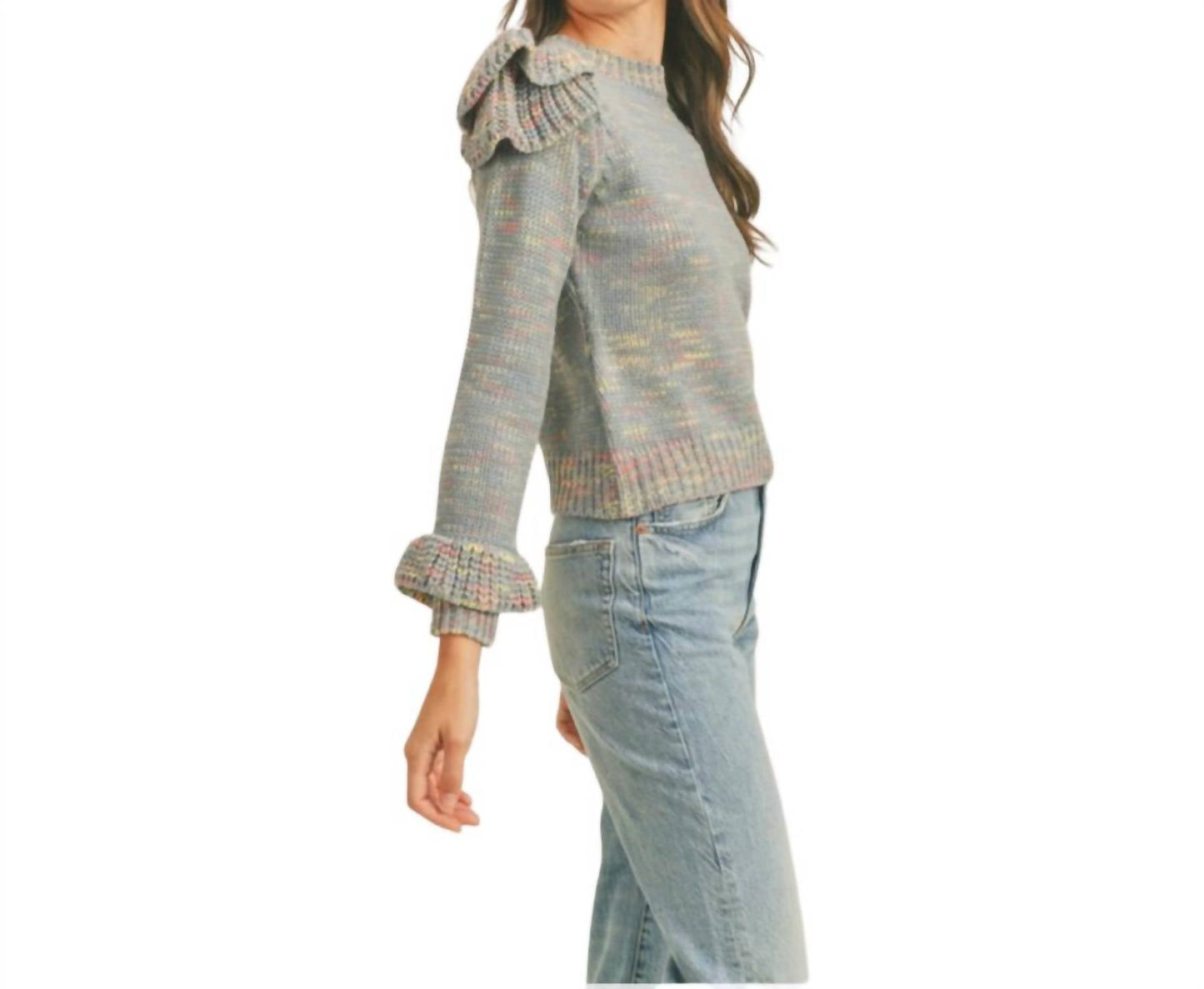 &Merci - Ruffled Shoulder Mix Knit Sweater
