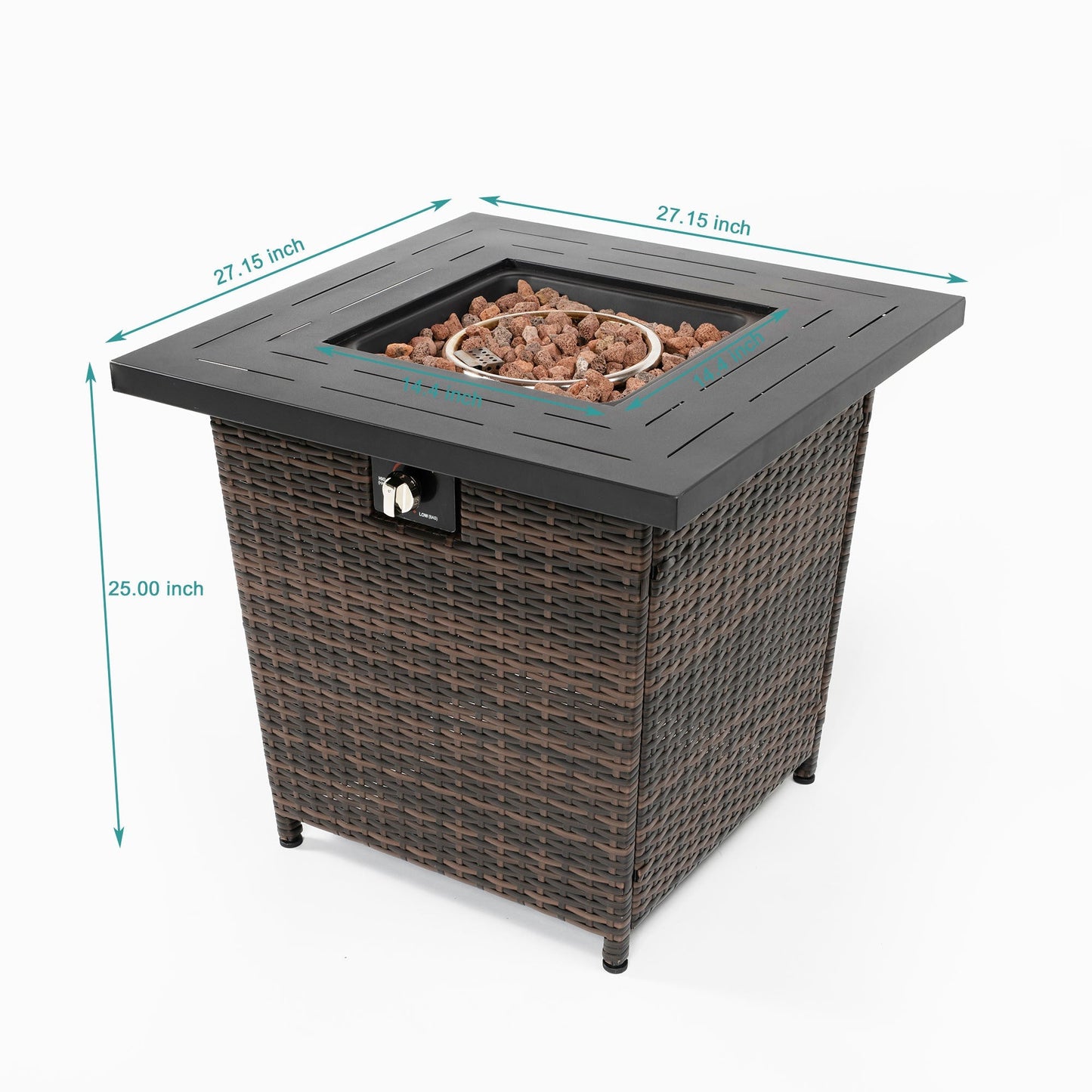 28-Inch Black Wicker Outdoor Propane Gas Fire Pit Table with Steel Top