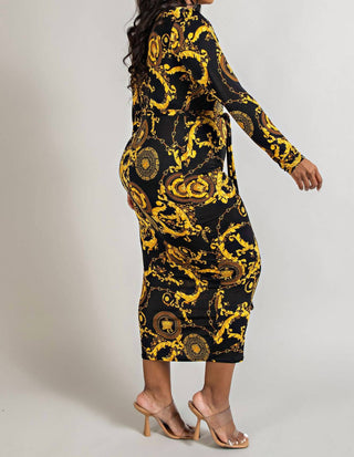 The Curve La - Plus Size Long Sleeve Midi Dress With Tie Belt