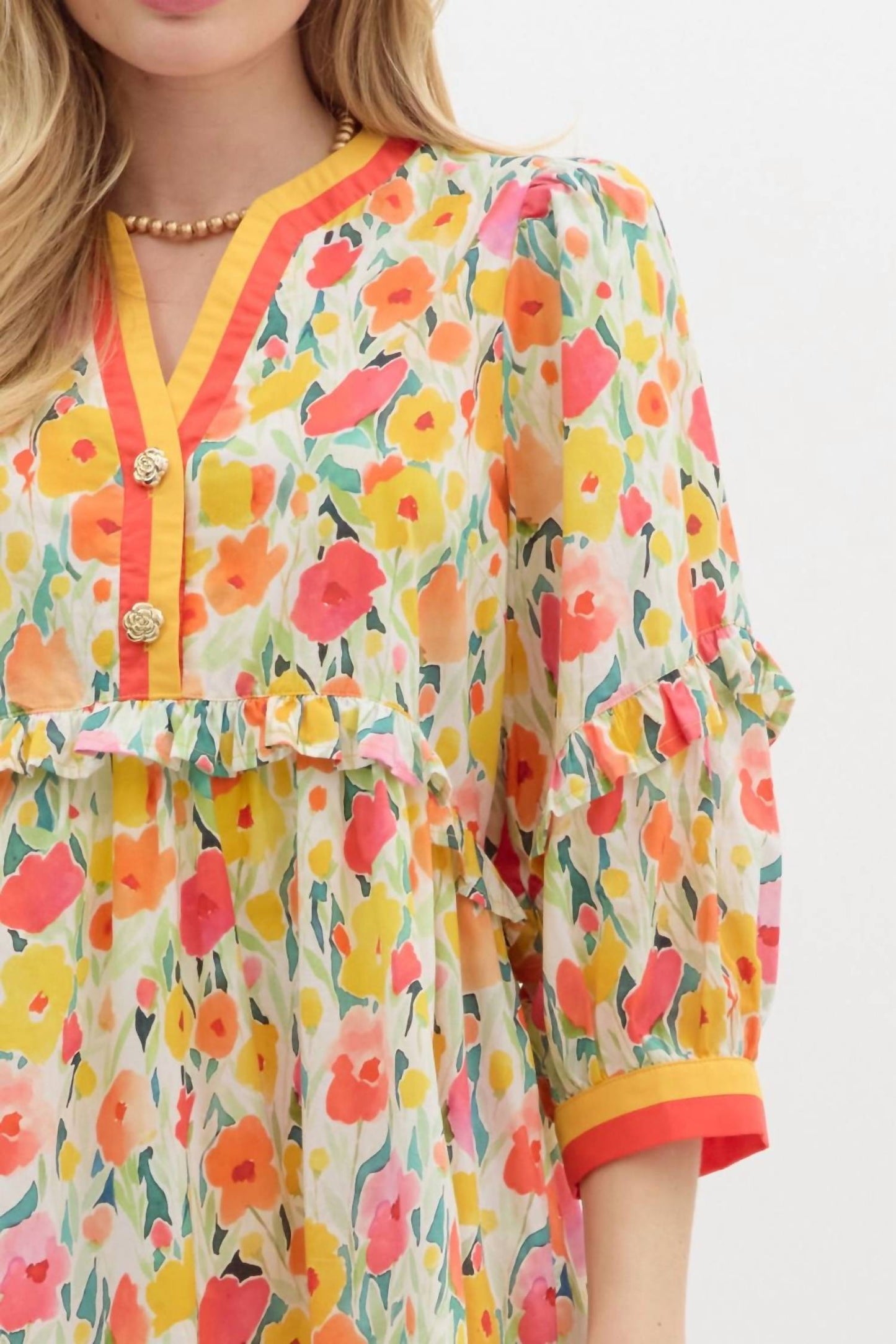 Entro - Floral Breeze Mini Dress with Ruffle Accents & Banded V-Neck Detail