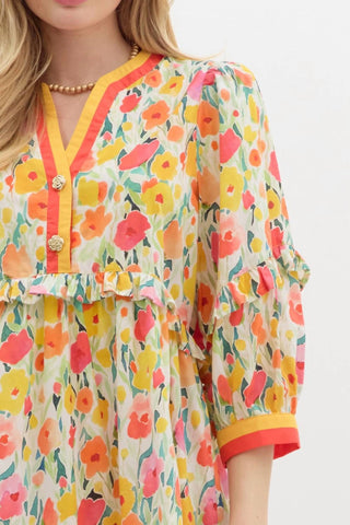 Entro - Floral Breeze Mini Dress with Ruffle Accents & Banded V-Neck Detail