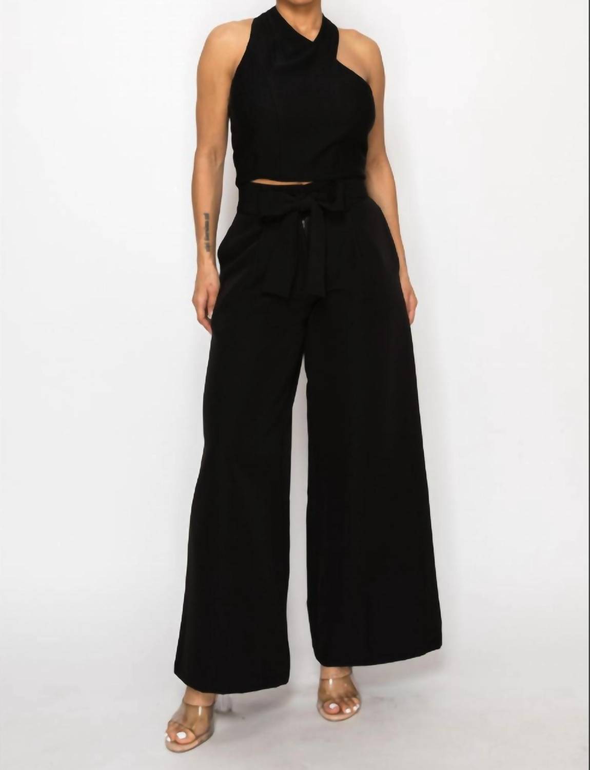 A.C.G. Los Angeles - Dressy & Casual High Waisted Palazzo Belted Pants & Halter Cropped Top Set