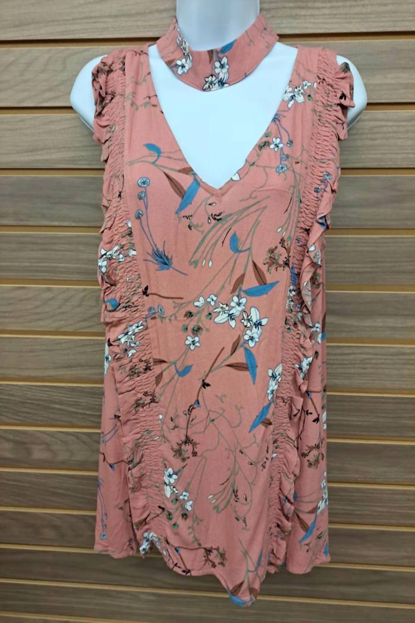 Entro - Women's V Neck Collar Dusty Ruffle Button Back Tank