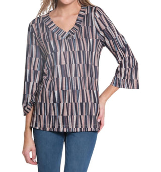 Multiples - Three Quarter Sleeve 2-button V-neck Band Top
