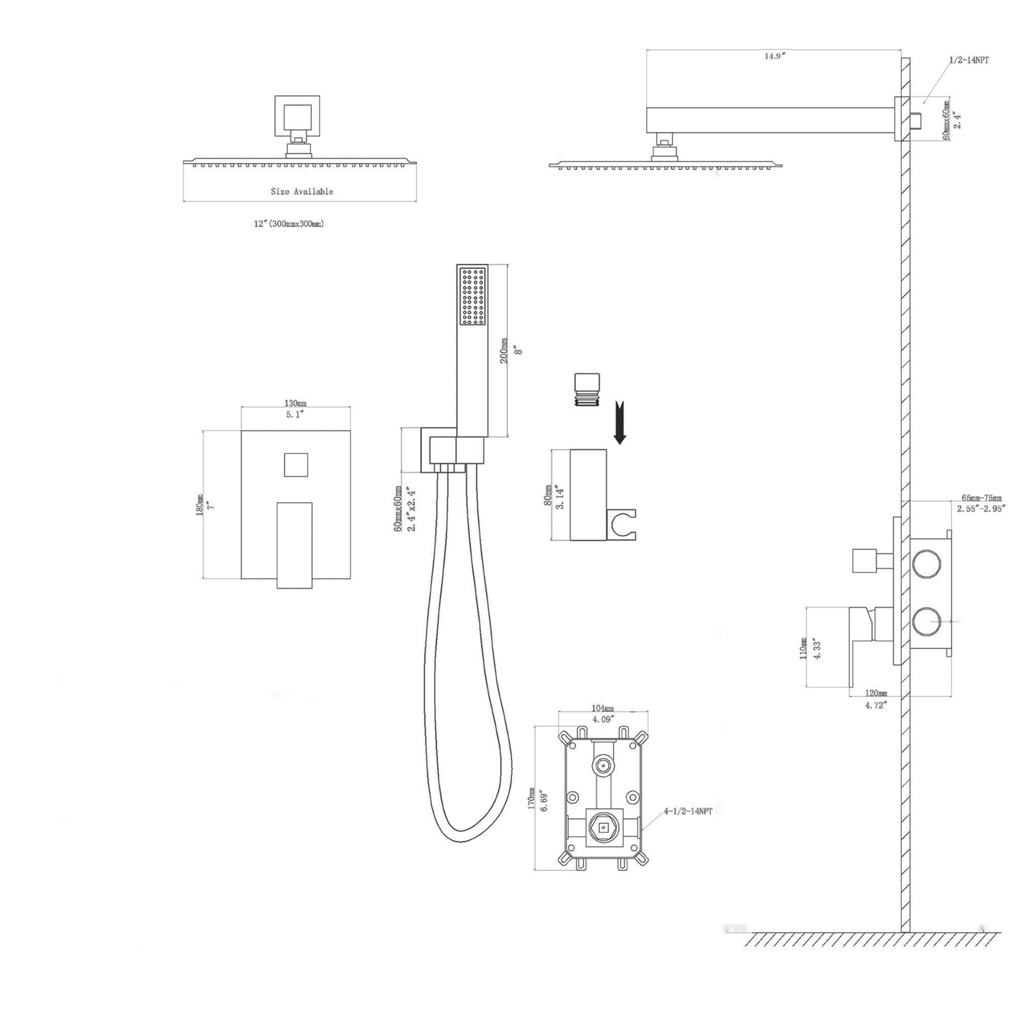 Dual Shower Head System With 12" Square Rain Shower And Rough In Valve