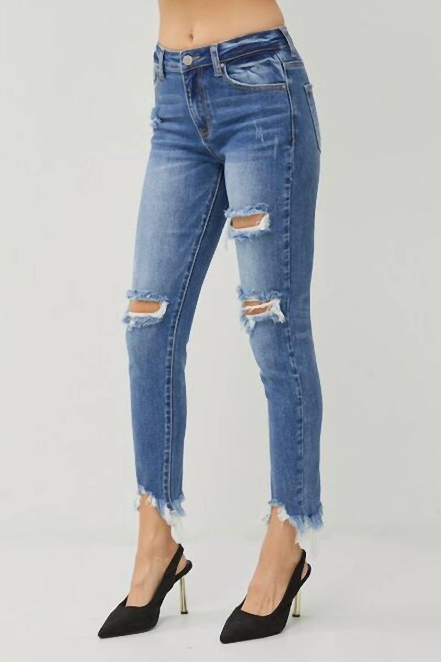 Risen - High Rise Distressed Frayed Hem Skinny Jeans
