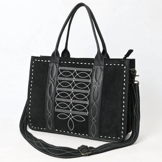 American Darling - Women's Black Suede Tote Bag With White Hand-stitching