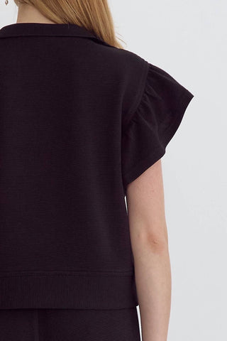 Entro - Half Zip Textured Flutter Sleeve Top