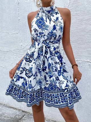 Trendsi - Printed Tie Waist Mini Dress